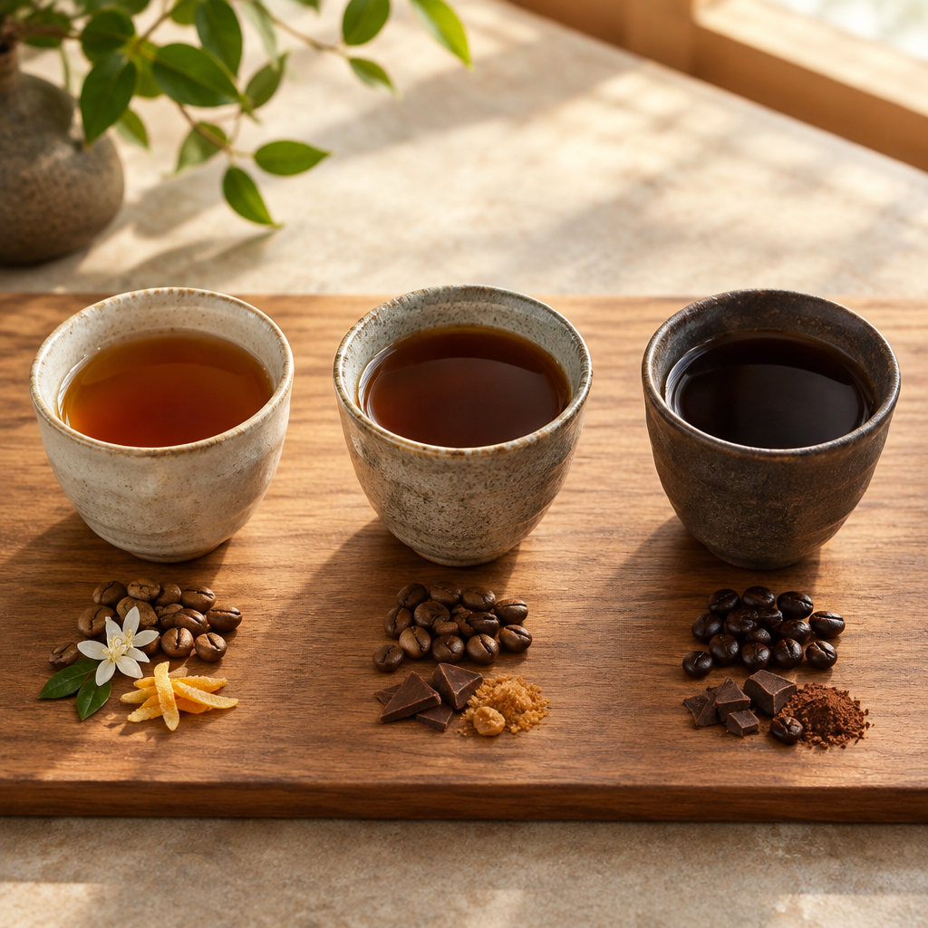浅煎り・中煎り・深煎りのコーヒーを3つのカップに並べたイメージ