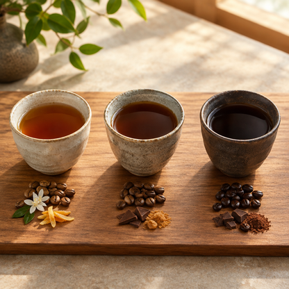 浅煎り・中煎り・深煎りのコーヒーを3つのカップに並べたイメージ